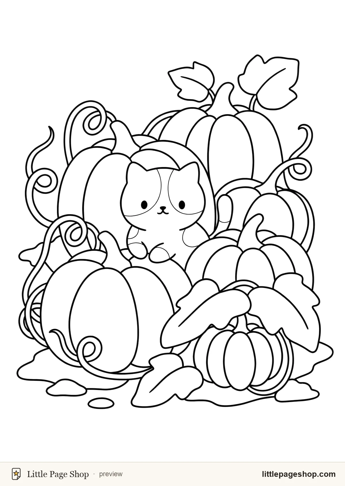 Fall coloring page of a cat sitting in a pumpkin patch