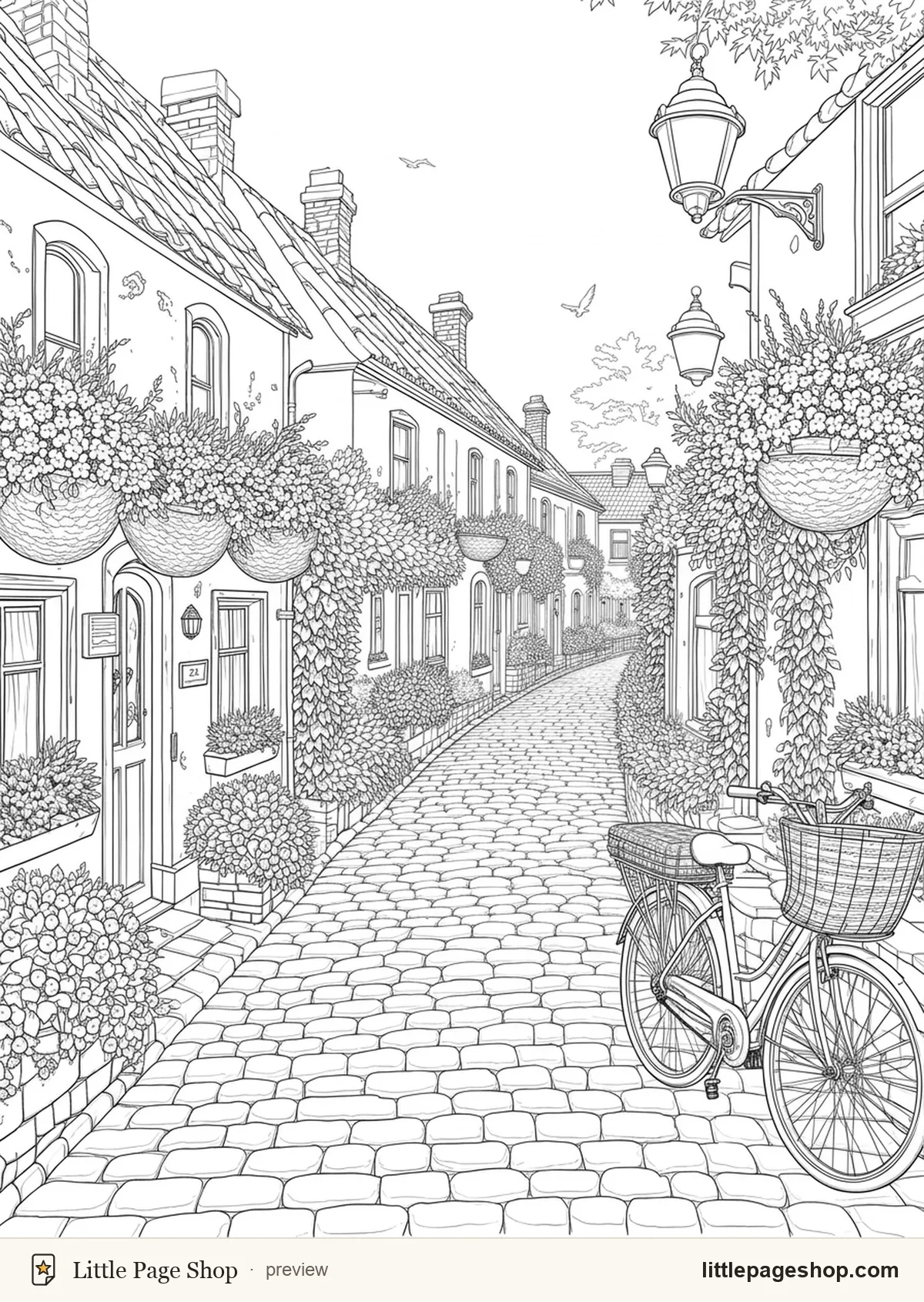 Cozy Village Walks — coloring page 1 preview