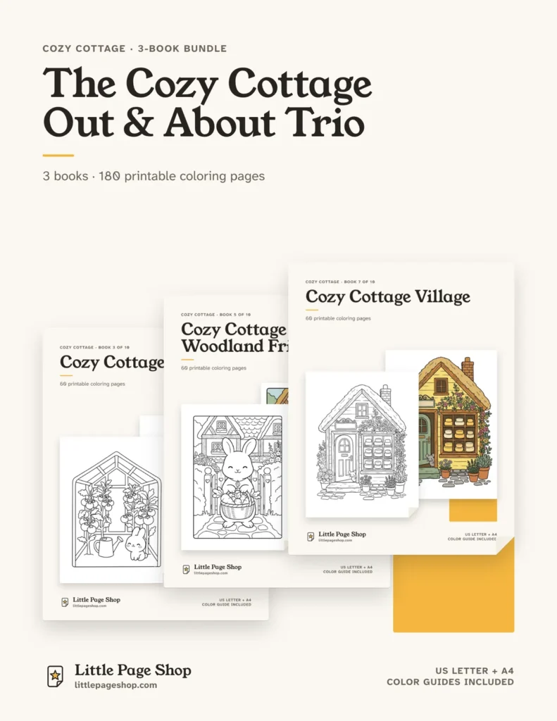 The Cozy Cottage Out & About Trio — printable coloring book bundle