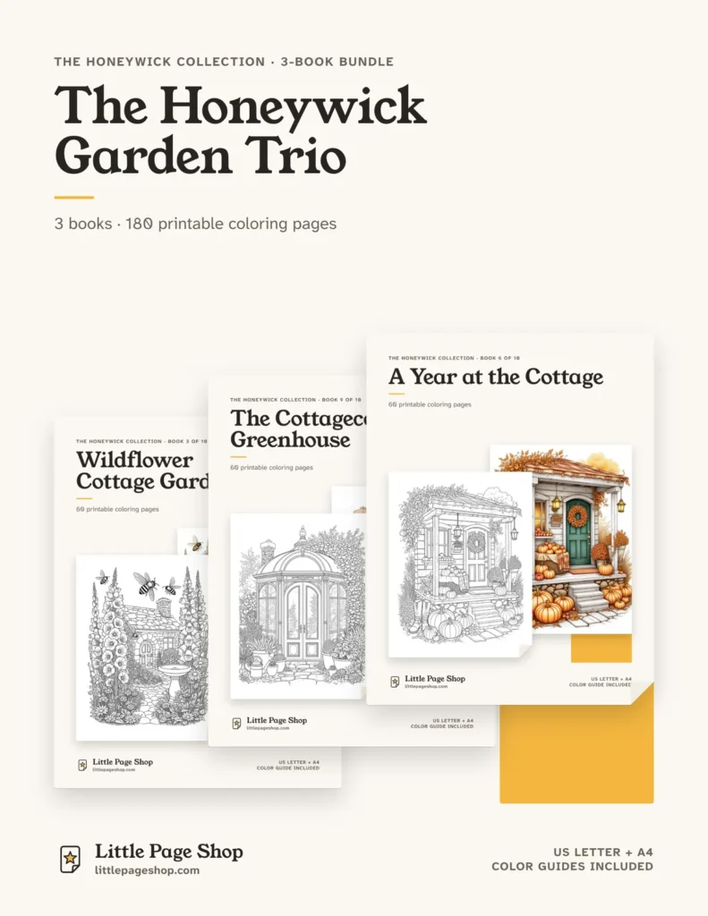 The Honeywick Garden Trio — printable coloring book bundle