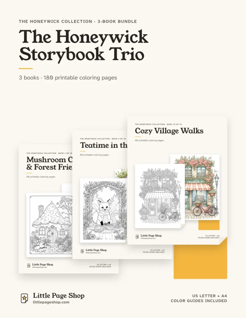 The Honeywick Storybook Trio — printable coloring book bundle
