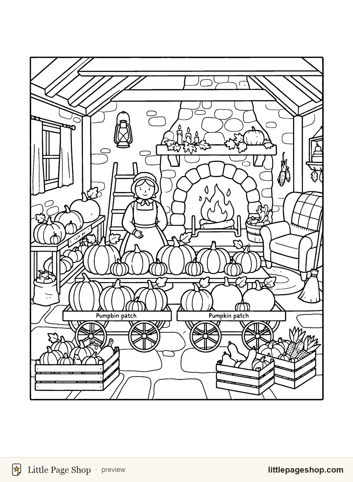 Autumn Leaves & Pumpkins — coloring page 31: pumpkin in cottage