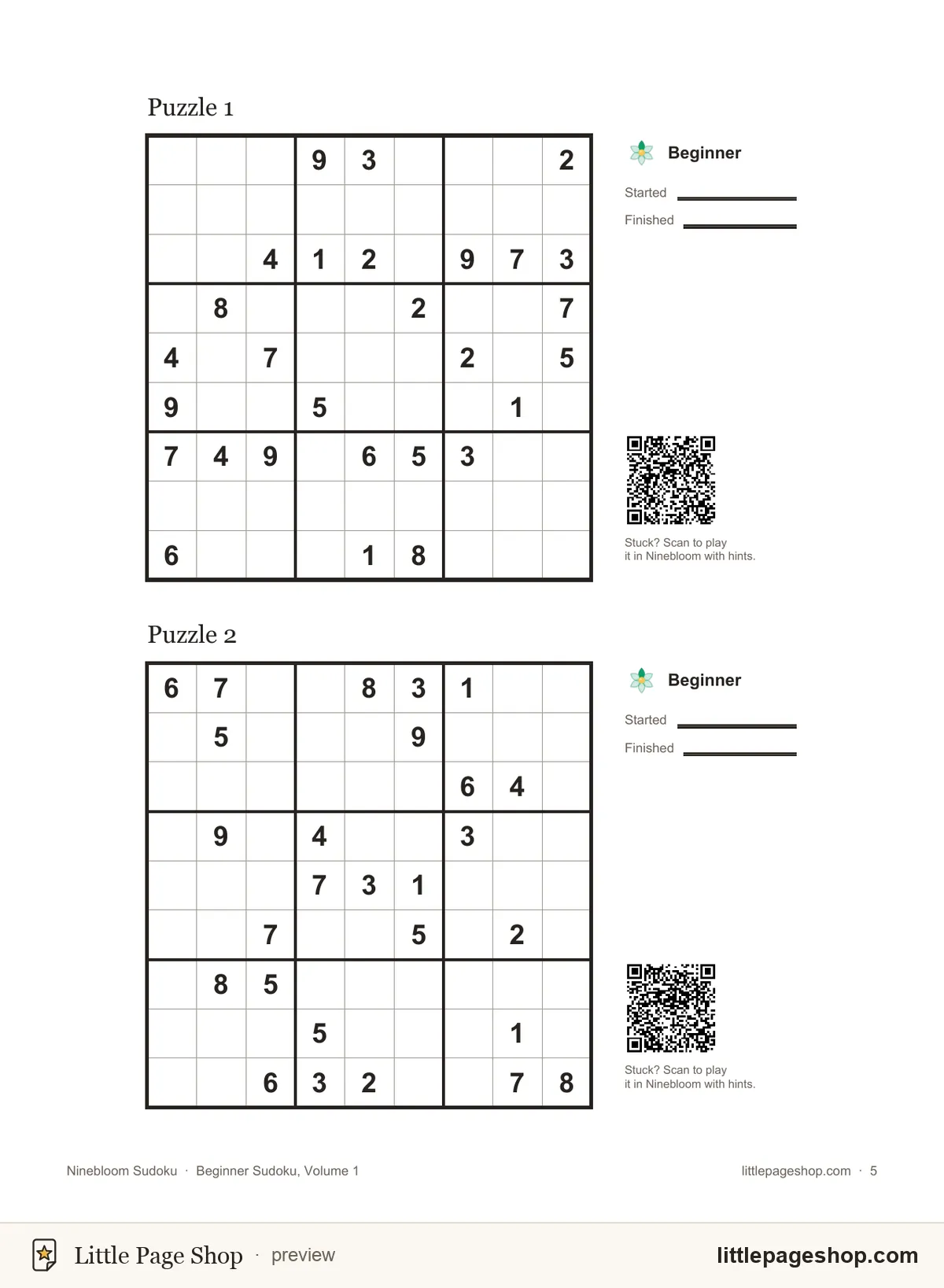 Printable beginner Sudoku page: two puzzles, each with a QR code for hints