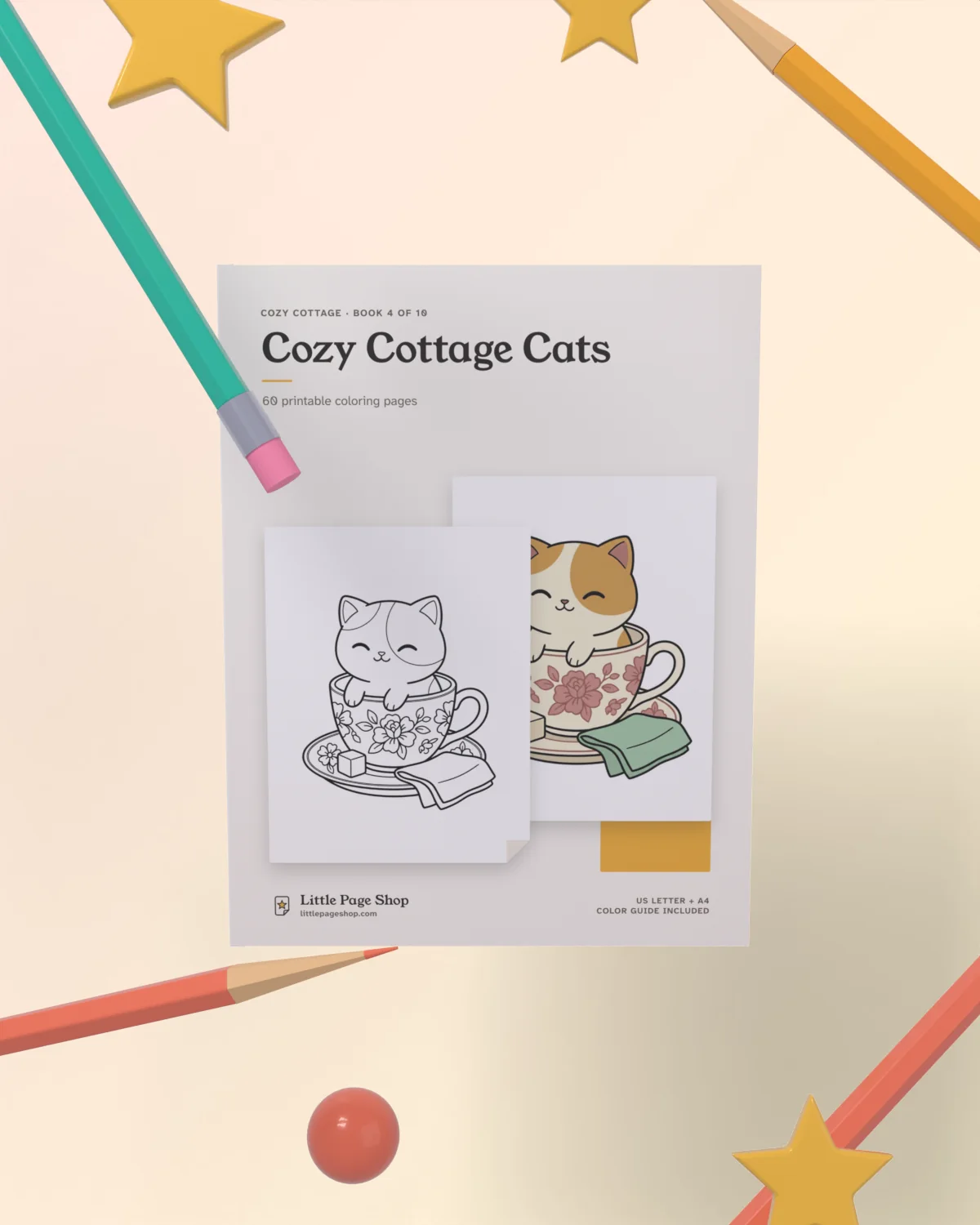 Cozy Cottage Cats — 3D view with colored pencils
