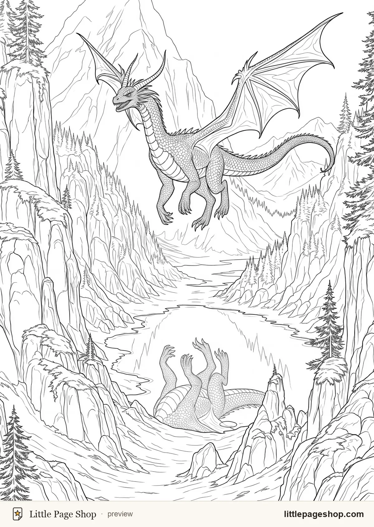 Coloring page of a blue dragon circling above a frozen mountain lake