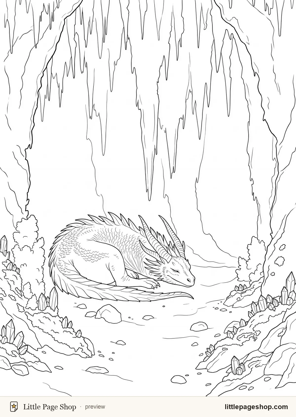 Coloring page of an ice cave where a pale dragon sleeps under blue light