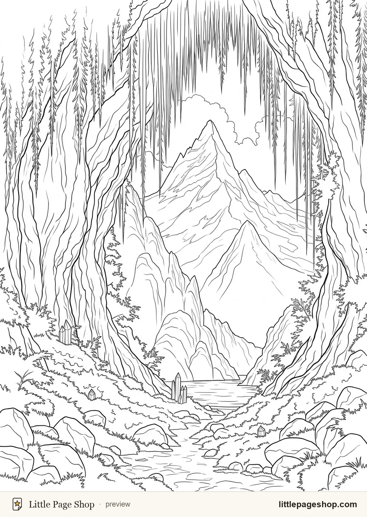 Dragons and Their Lairs — coloring page 49: A mossy cave mouth curtained with hanging vines