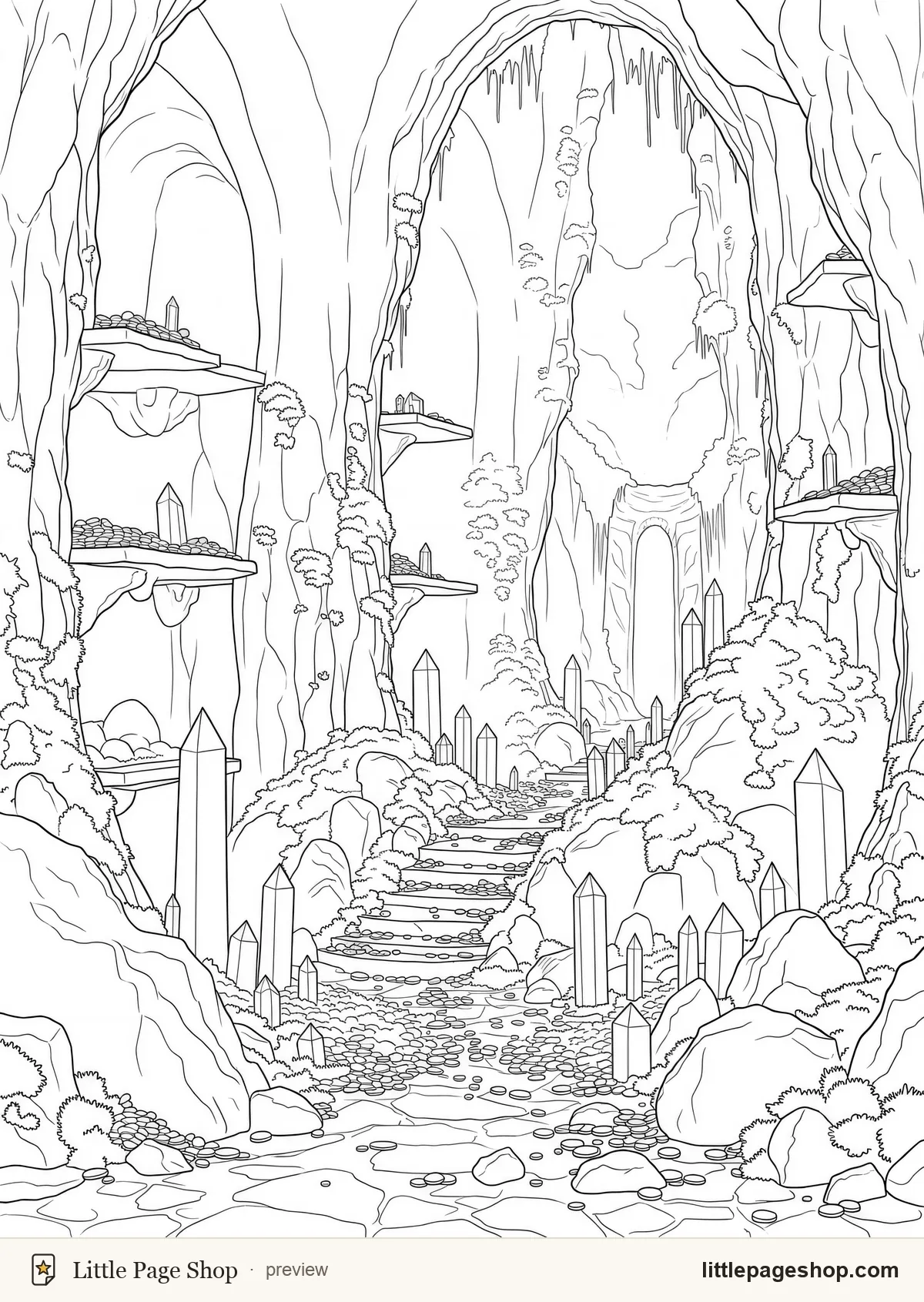 Dragons and Their Lairs — coloring page 55: A chamber where crystals grow straight out of the hoard