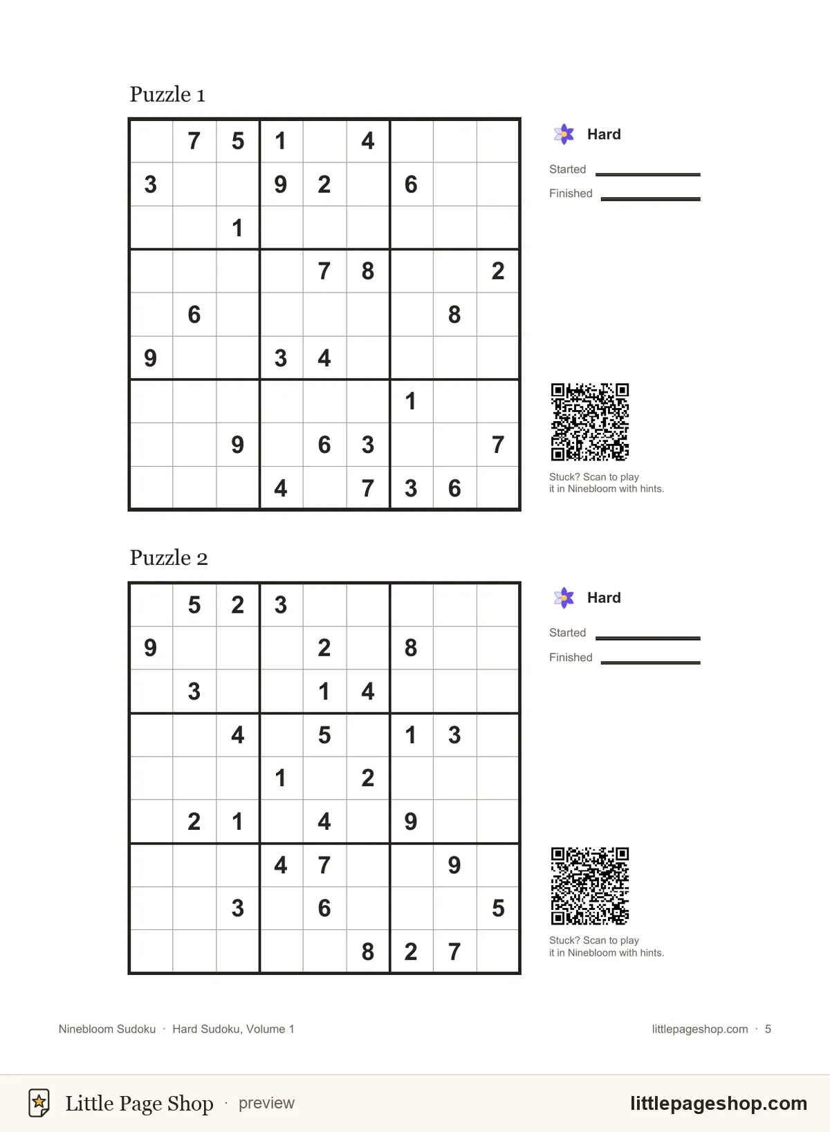 Printable hard Sudoku page with two puzzles