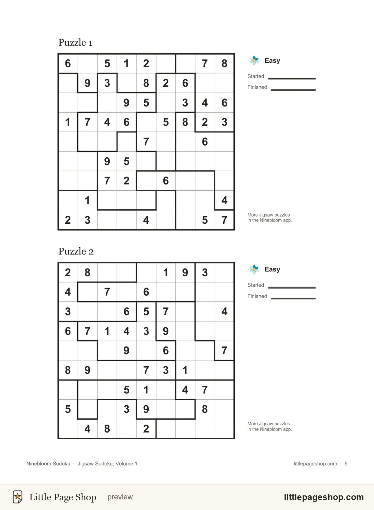 Printable Jigsaw Sudoku page with odd-shaped regions