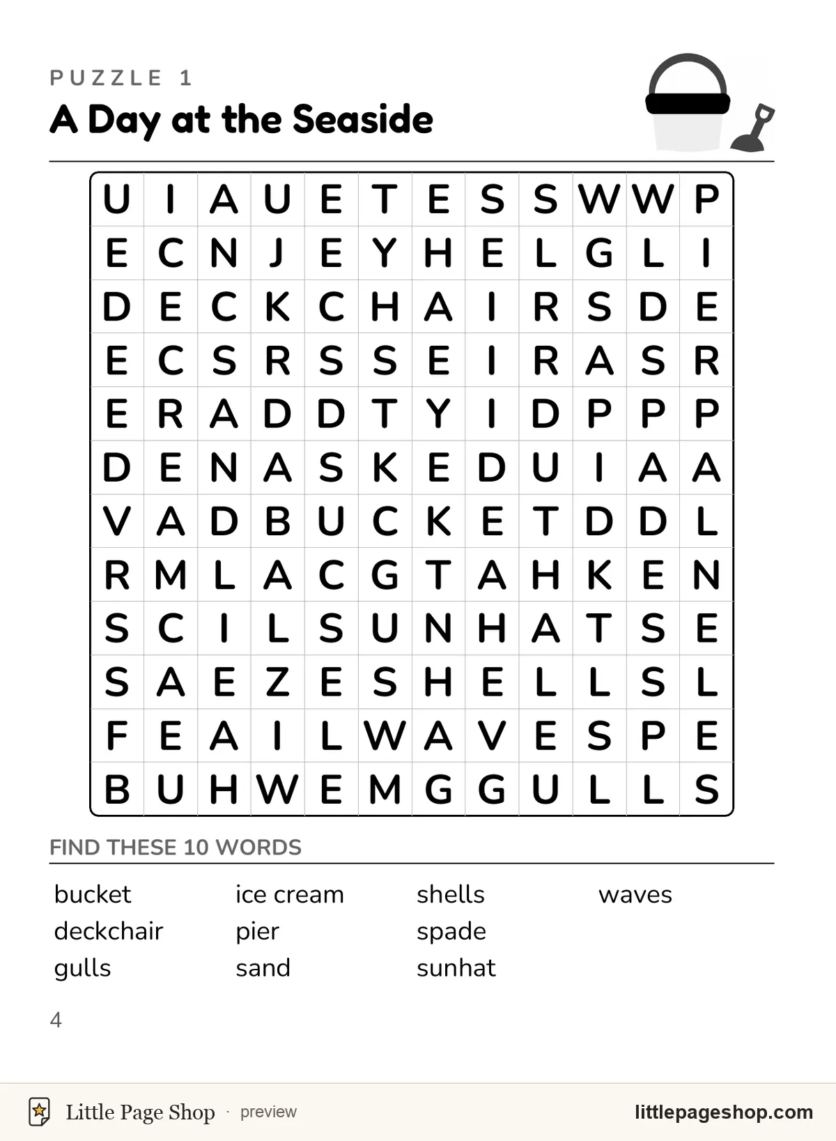 Printable word search puzzle, A Day at the Seaside, with ten words to find