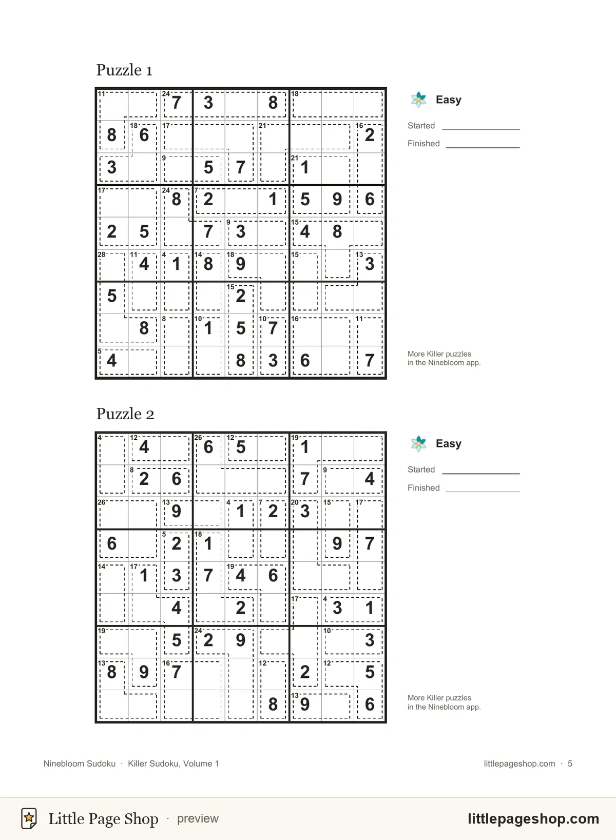 Printable Killer Sudoku page with dashed cages and sums