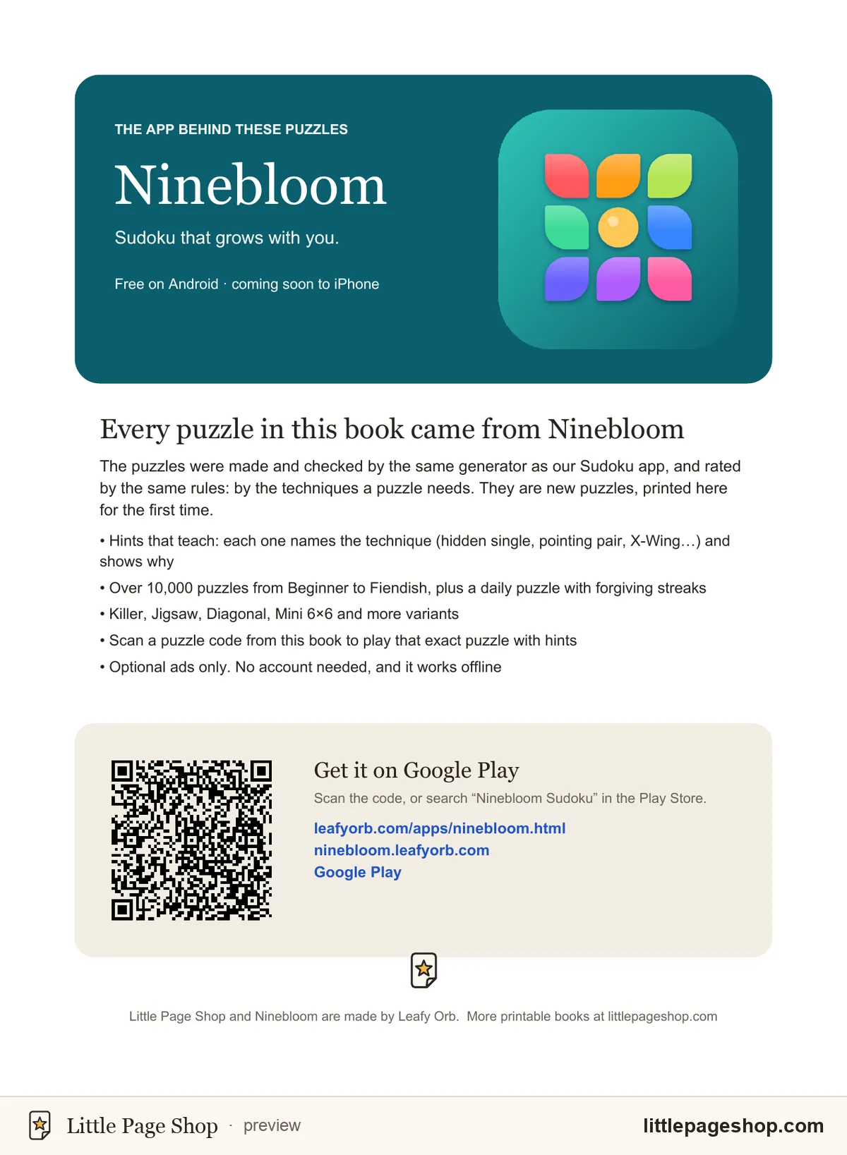 Mini Sudoku 6×6, Volume 1 — the Ninebloom Sudoku app page
