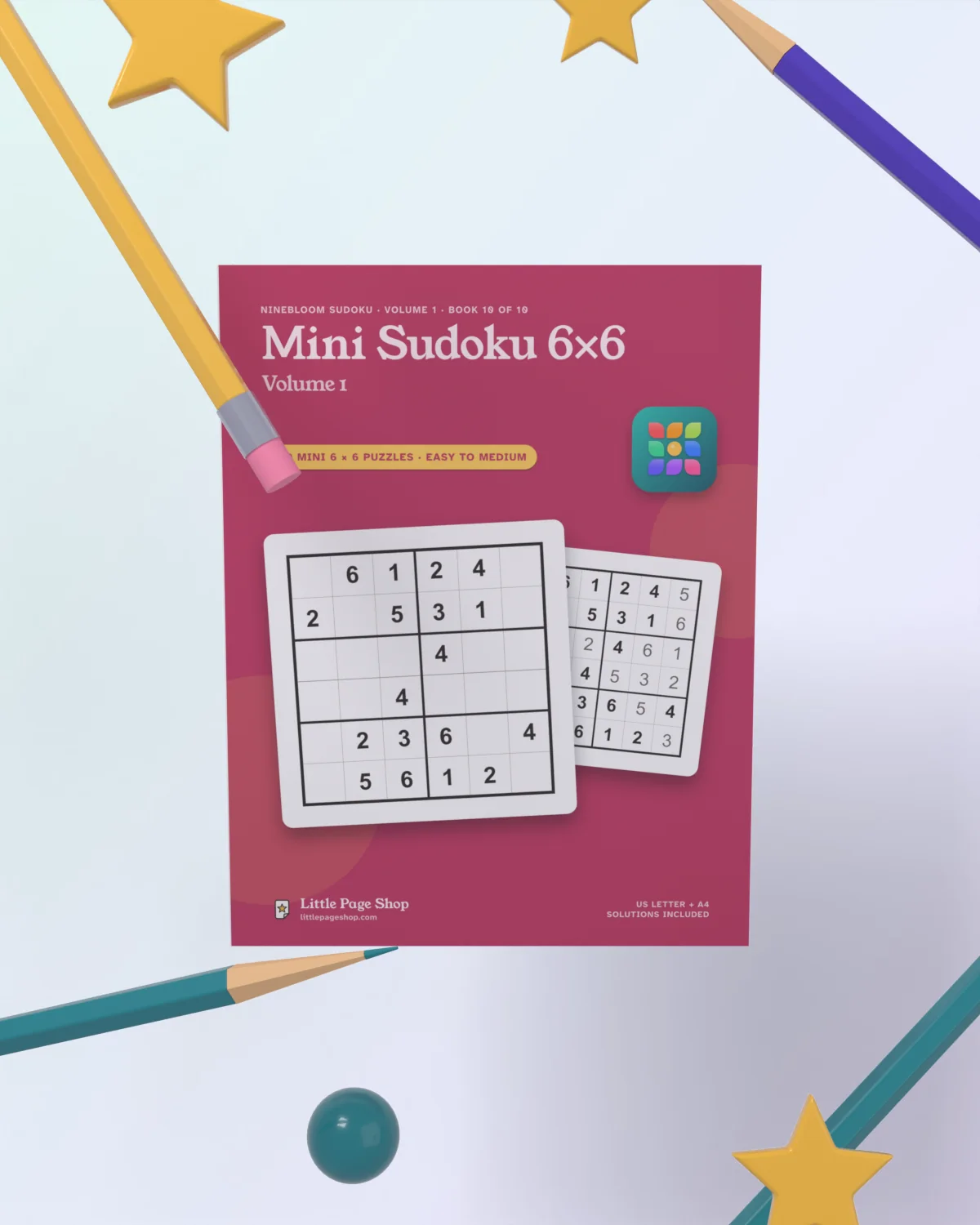 Mini Sudoku 6×6, Volume 1 — 3D view with colored pencils