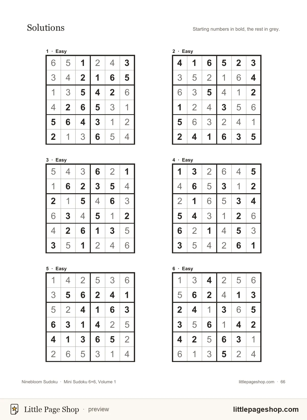 Mini Sudoku 6×6, Volume 1 — the solutions, six to a page