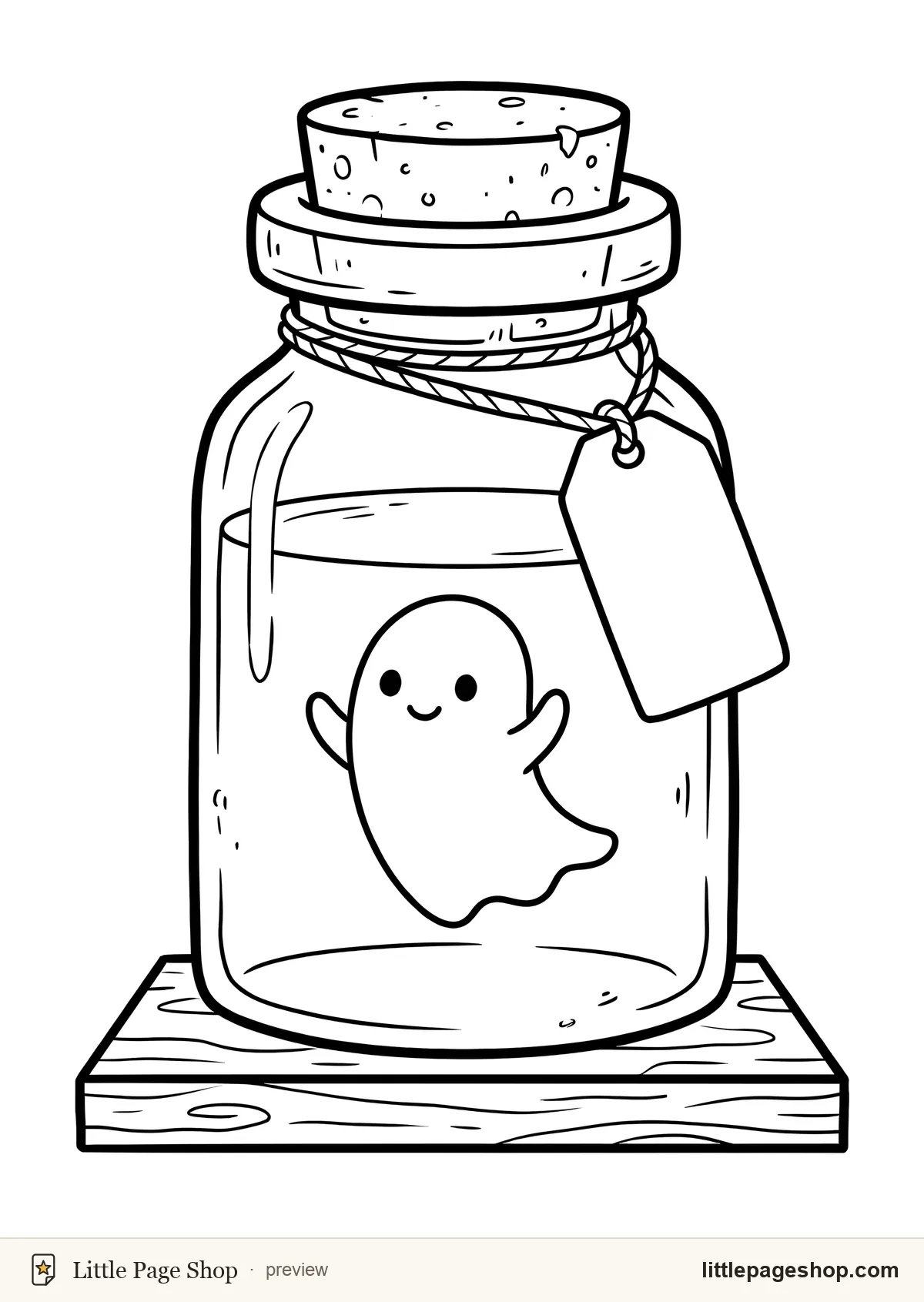 Creepy cute coloring page of a small smiling ghost inside a glass specimen jar