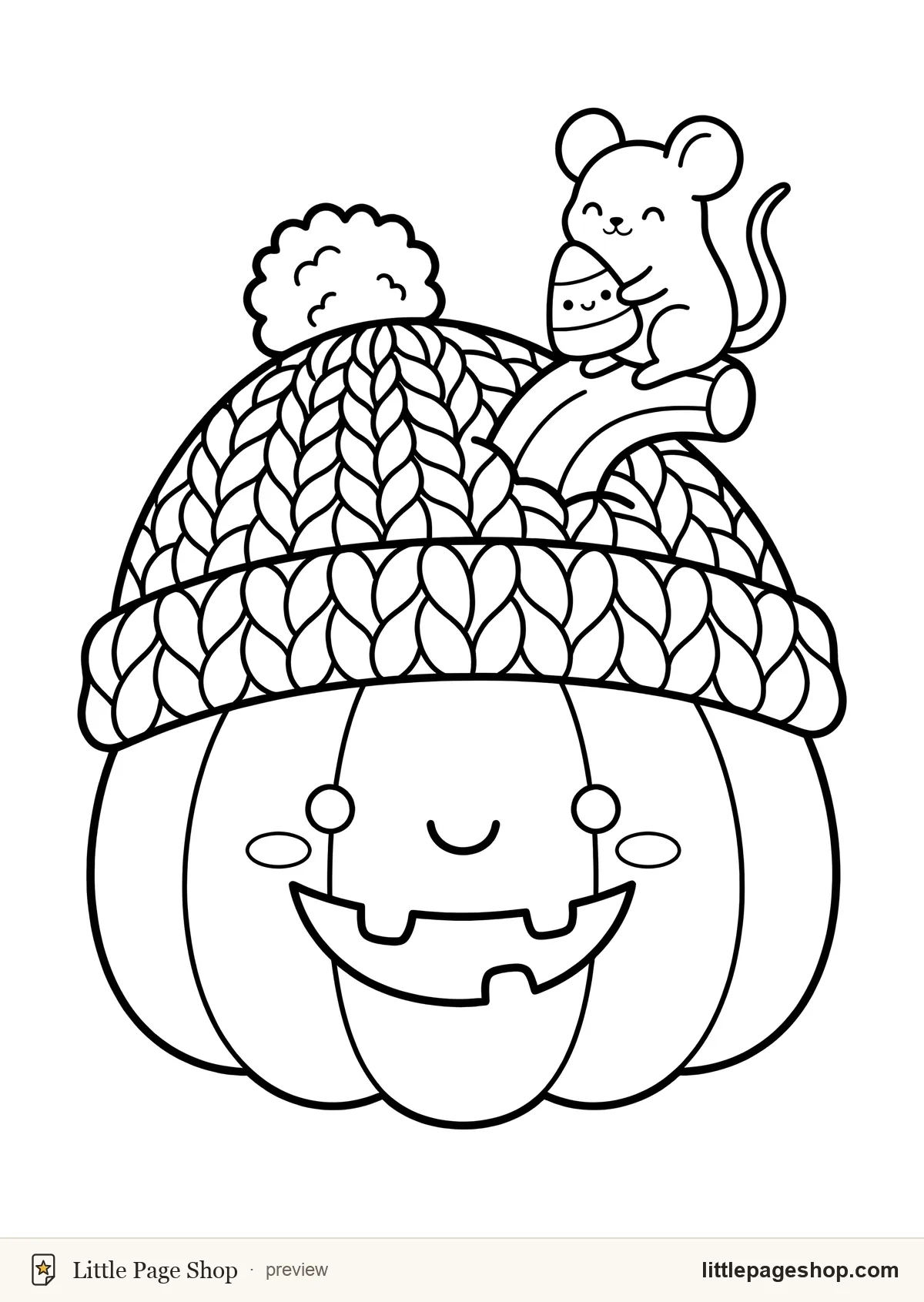 Halloween coloring page of a smiling jack-o'-lantern wearing a knitted beanie