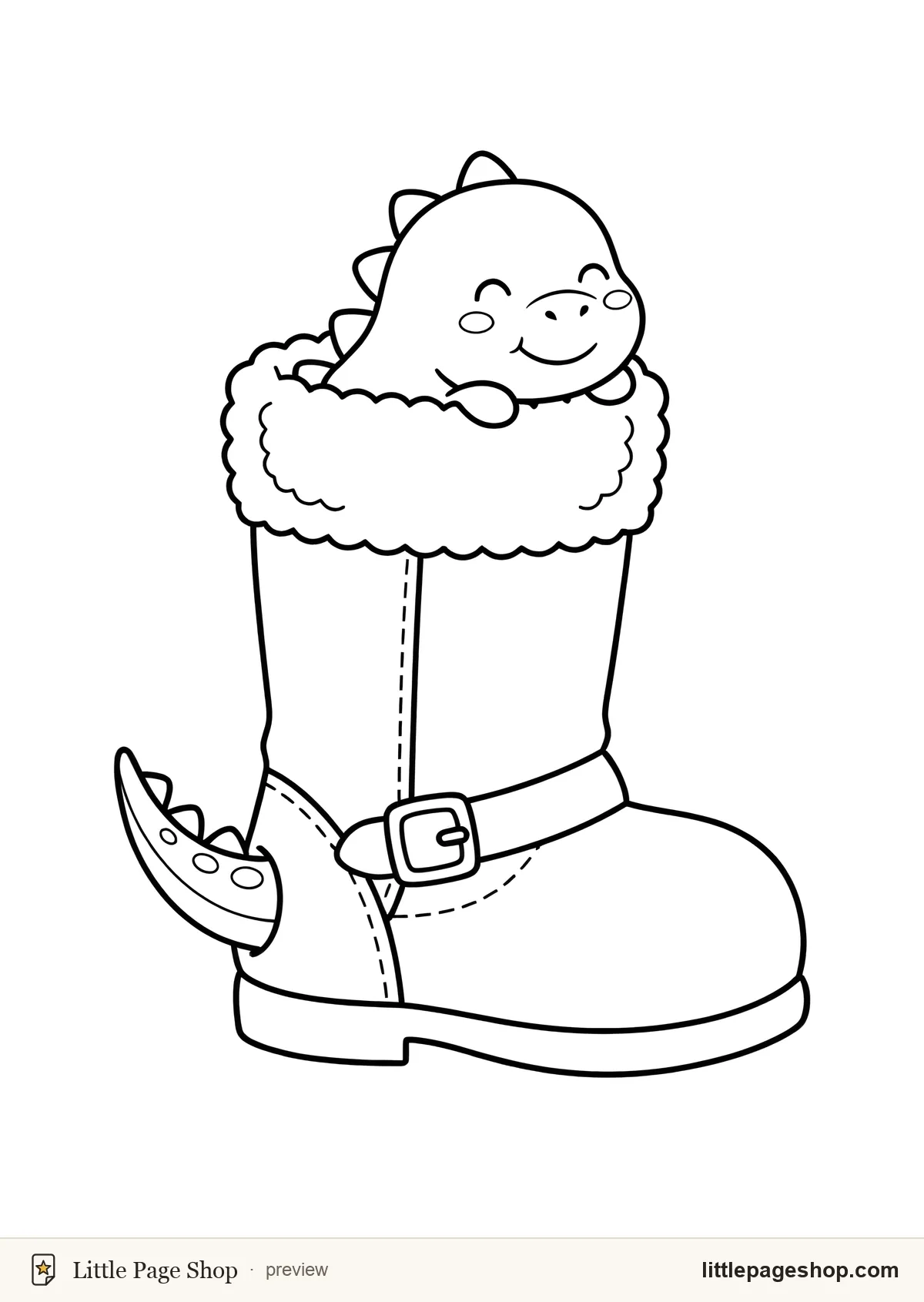 Rex & Reindeer — coloring page 19: A baby dinosaur asleep in a stocking hung from a mantel