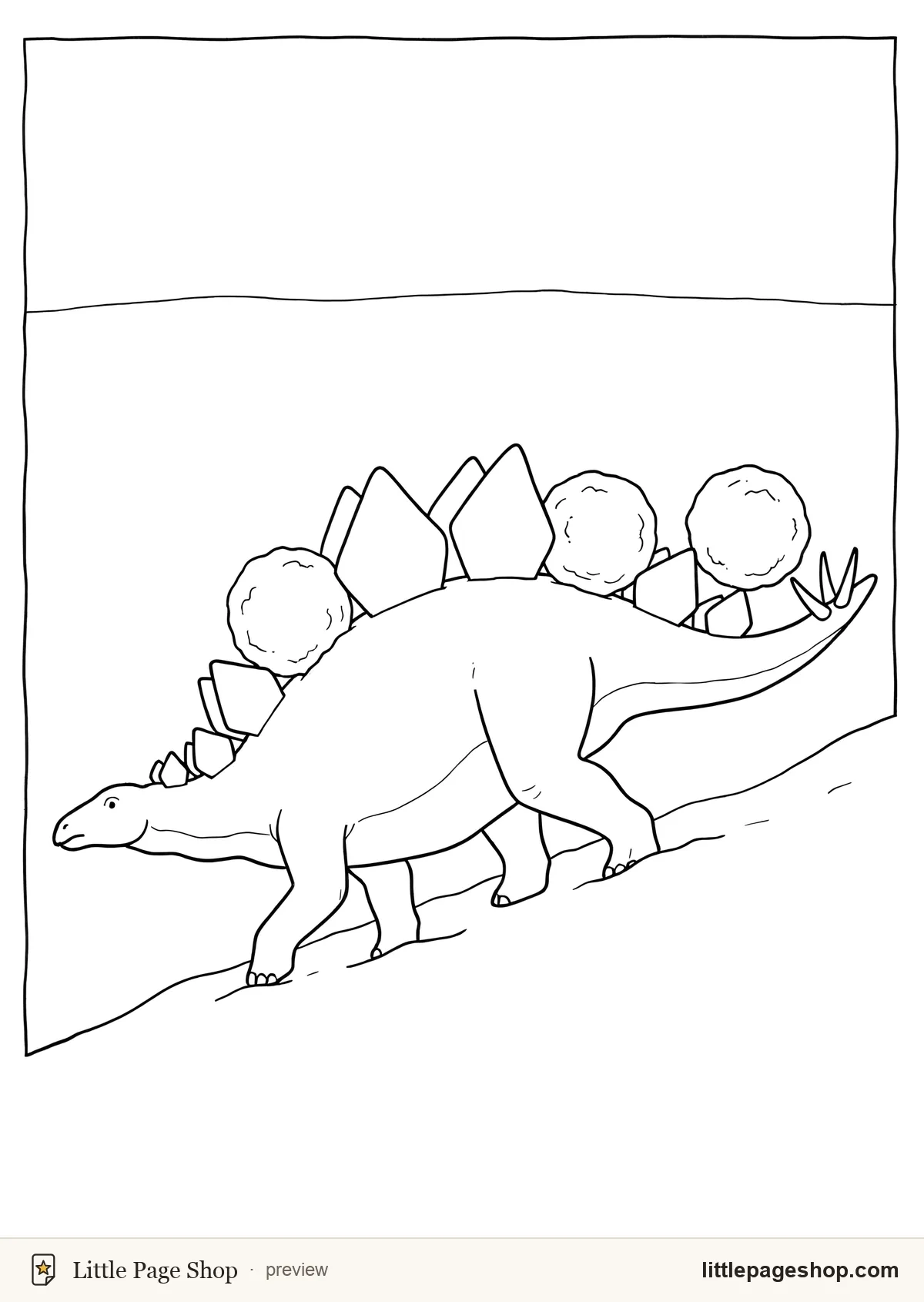 Rex & Reindeer — coloring page 25: A stegosaurus using its back plates to carry four snowballs uphill