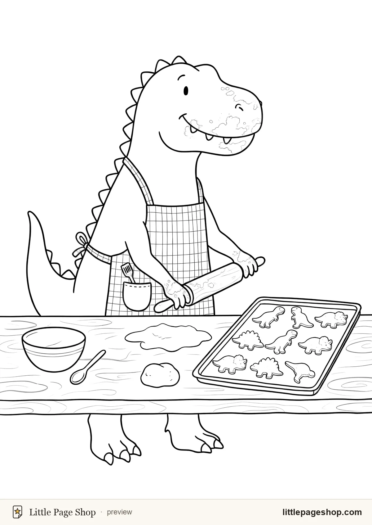 Rex & Reindeer — coloring page 43: A dinosaur baking, wearing an apron, with flour on its snout