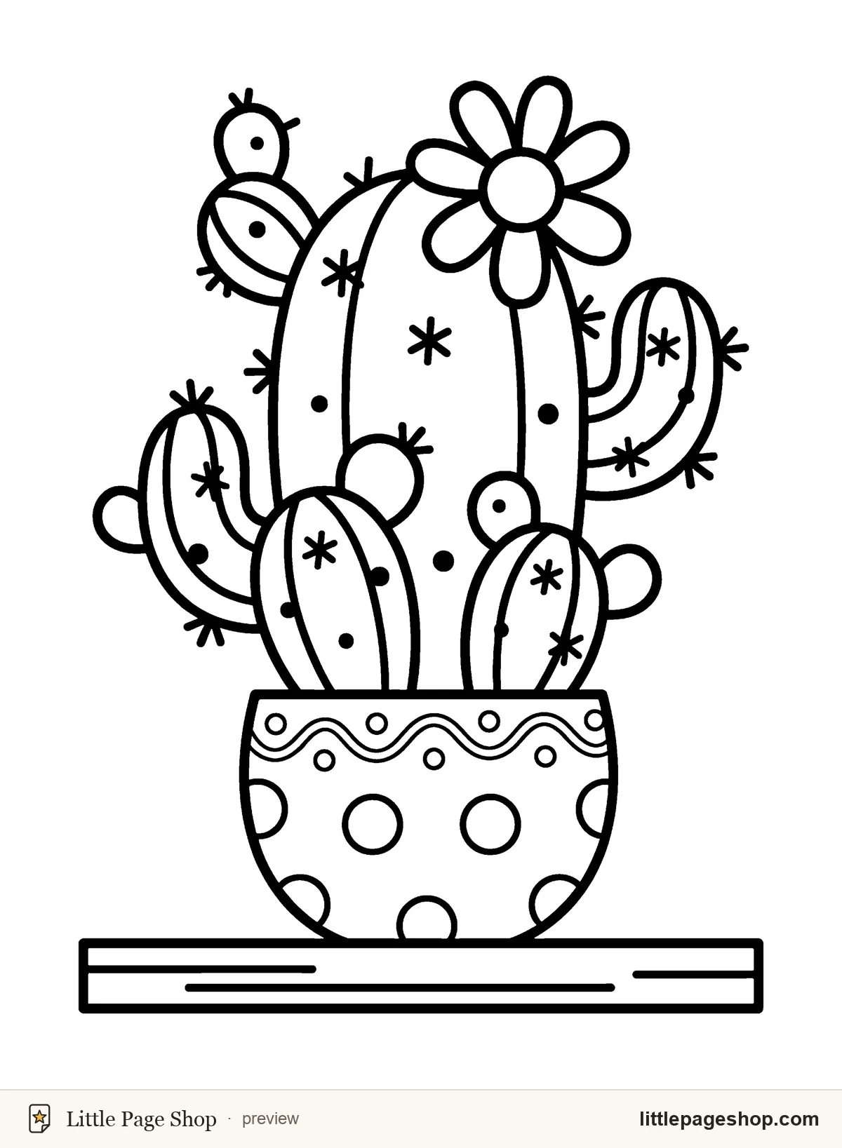 Bold and easy coloring page of a flowering cactus in a polka-dot pot on a shelf