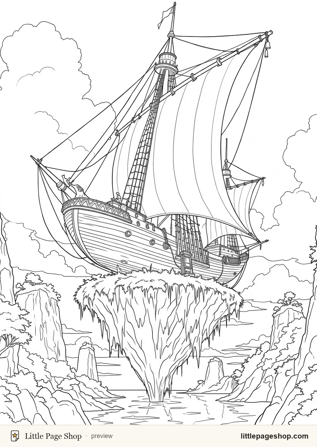 Coloring page of a great airship at anchor beside a floating island