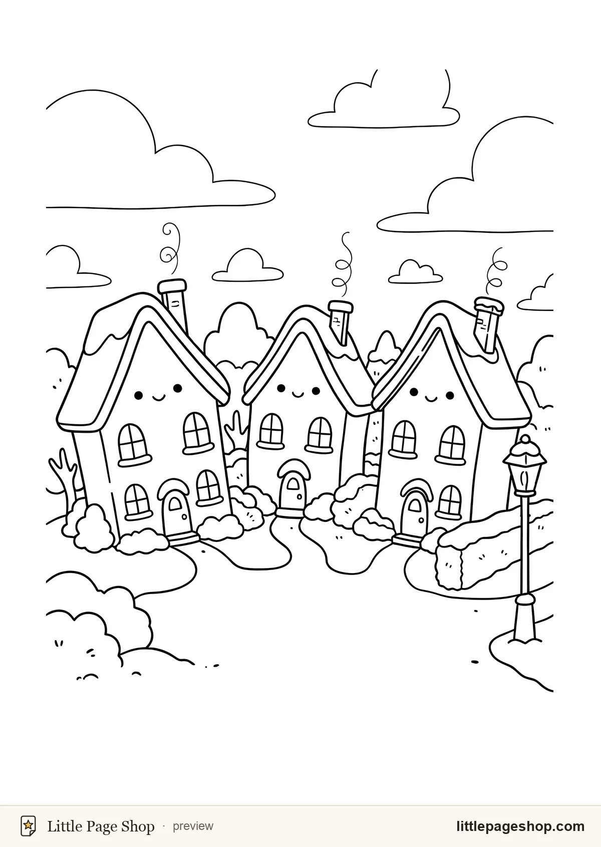 Winter coloring page of three crooked cottages along a snowy lane with glowing windows