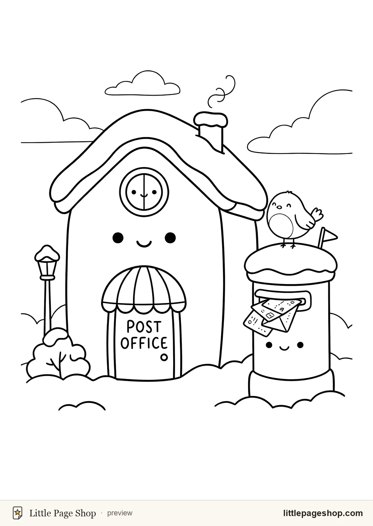 Snowfall & Slumber — coloring page 7: A post office with a red postbox outside, both wearing caps of snow