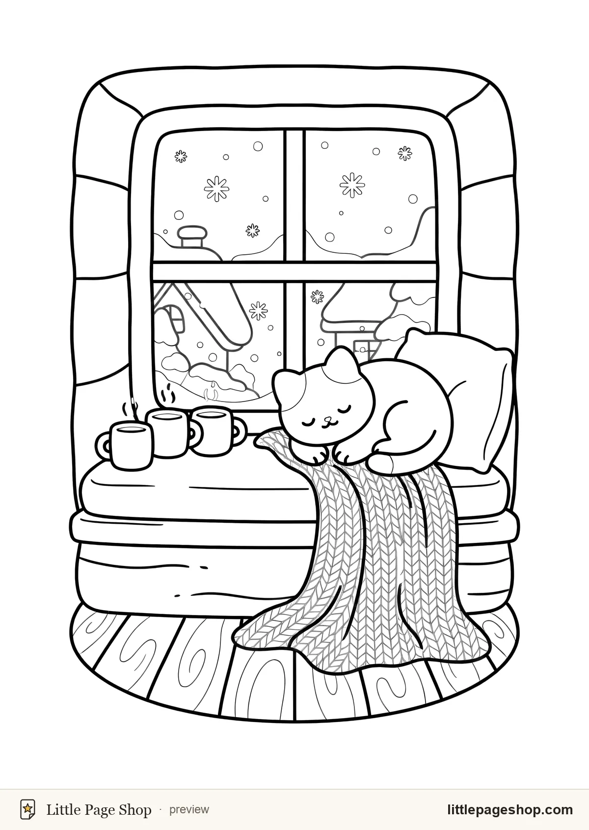 Snowfall & Slumber — coloring page 25: A big window seat with a cat asleep on a cushion and snow falling outside