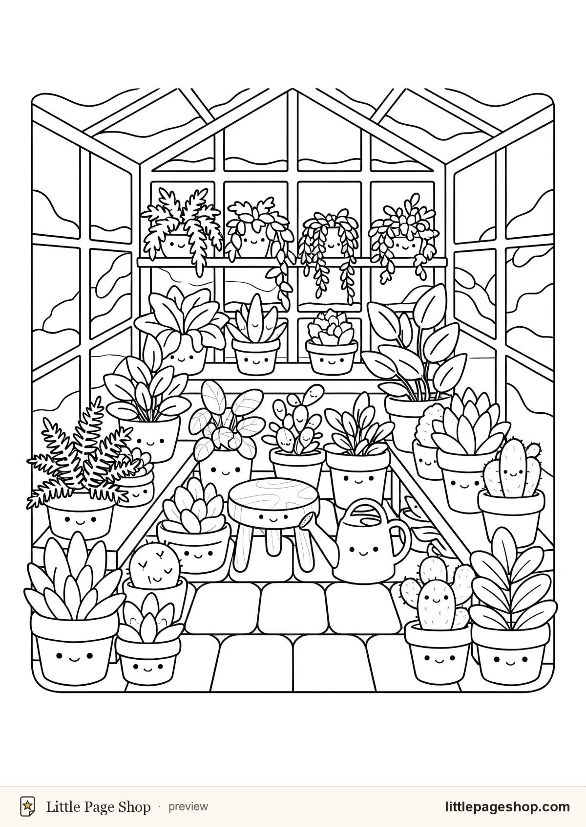 Snowfall & Slumber — coloring page 31: A conservatory full of potted plants with snow banked against the glass