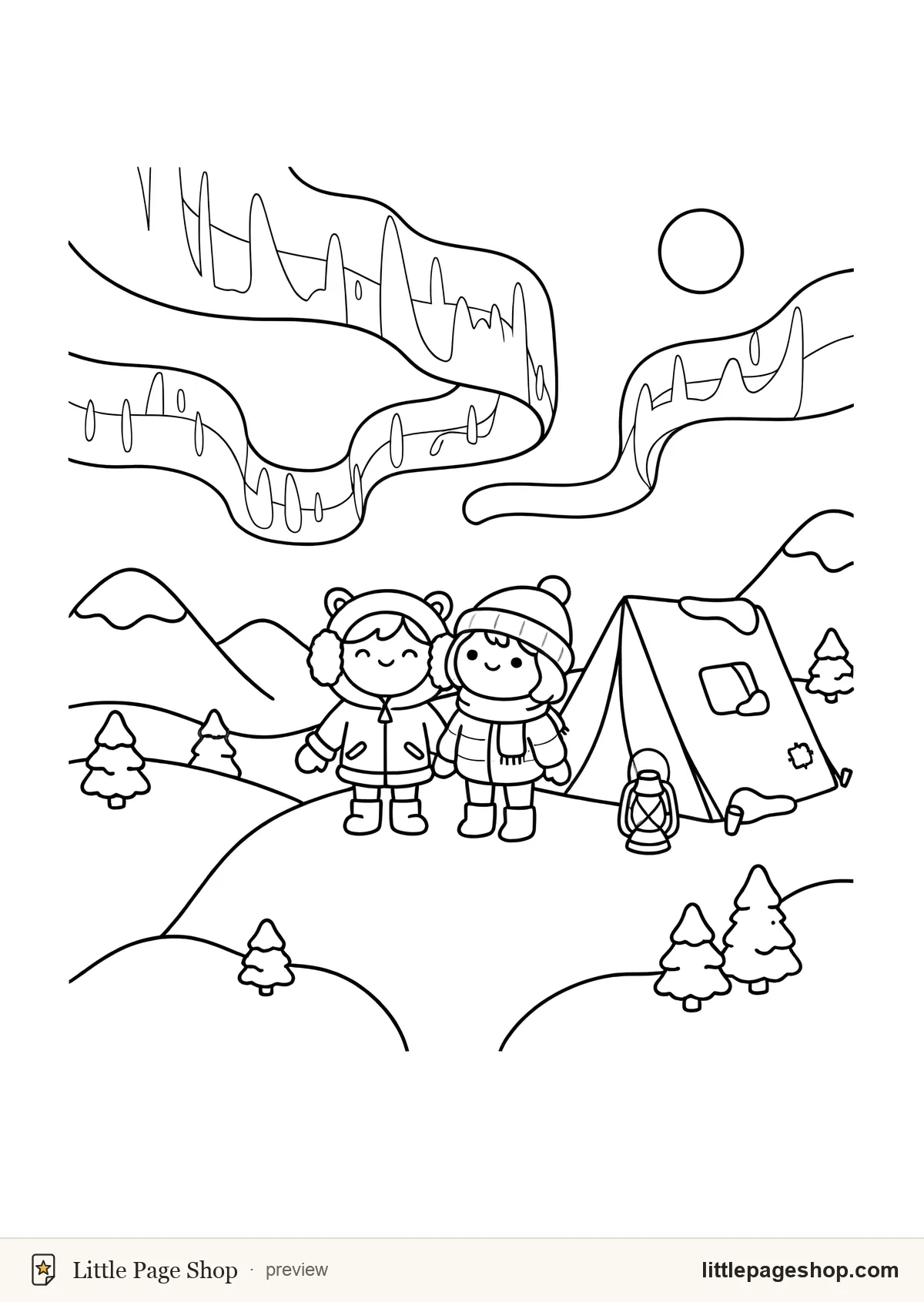 Snowfall & Slumber — coloring page 55: Northern lights over a snowy plain with two small figures watching from a rise