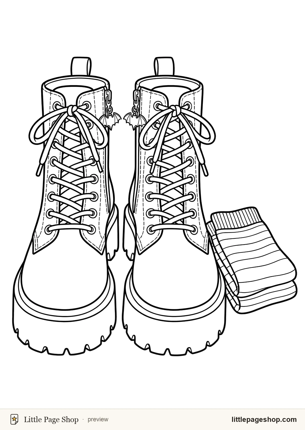 Sugar & Fangs — coloring page 1: A pair of chunky platform boots with thick soles, long laces and a small bat-wing charm on each zip
