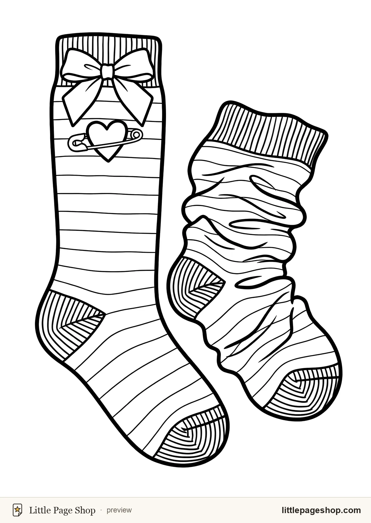 Sugar & Fangs — coloring page 6: A striped knee sock with a bow at the cuff and a second sock slouched beside it