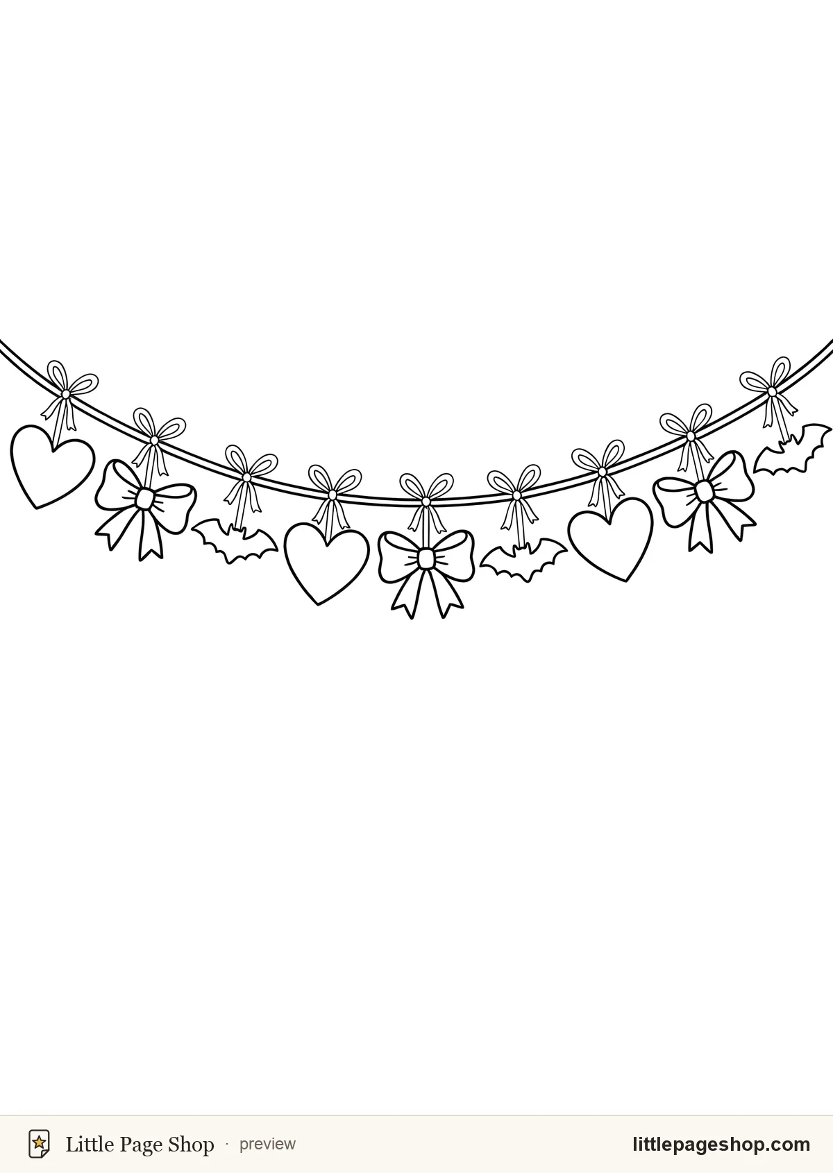 Sugar & Fangs — coloring page 11: A garland of alternating hearts, bows and small bat shapes strung across the page