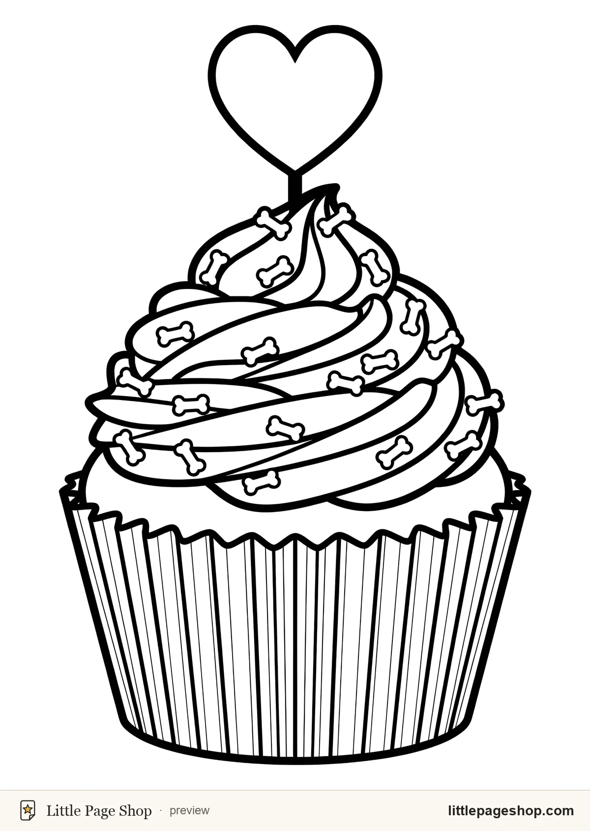 Sugar & Fangs — coloring page 16: A cupcake with a tall frosting swirl, a heart-shaped topper and small bone sprinkles