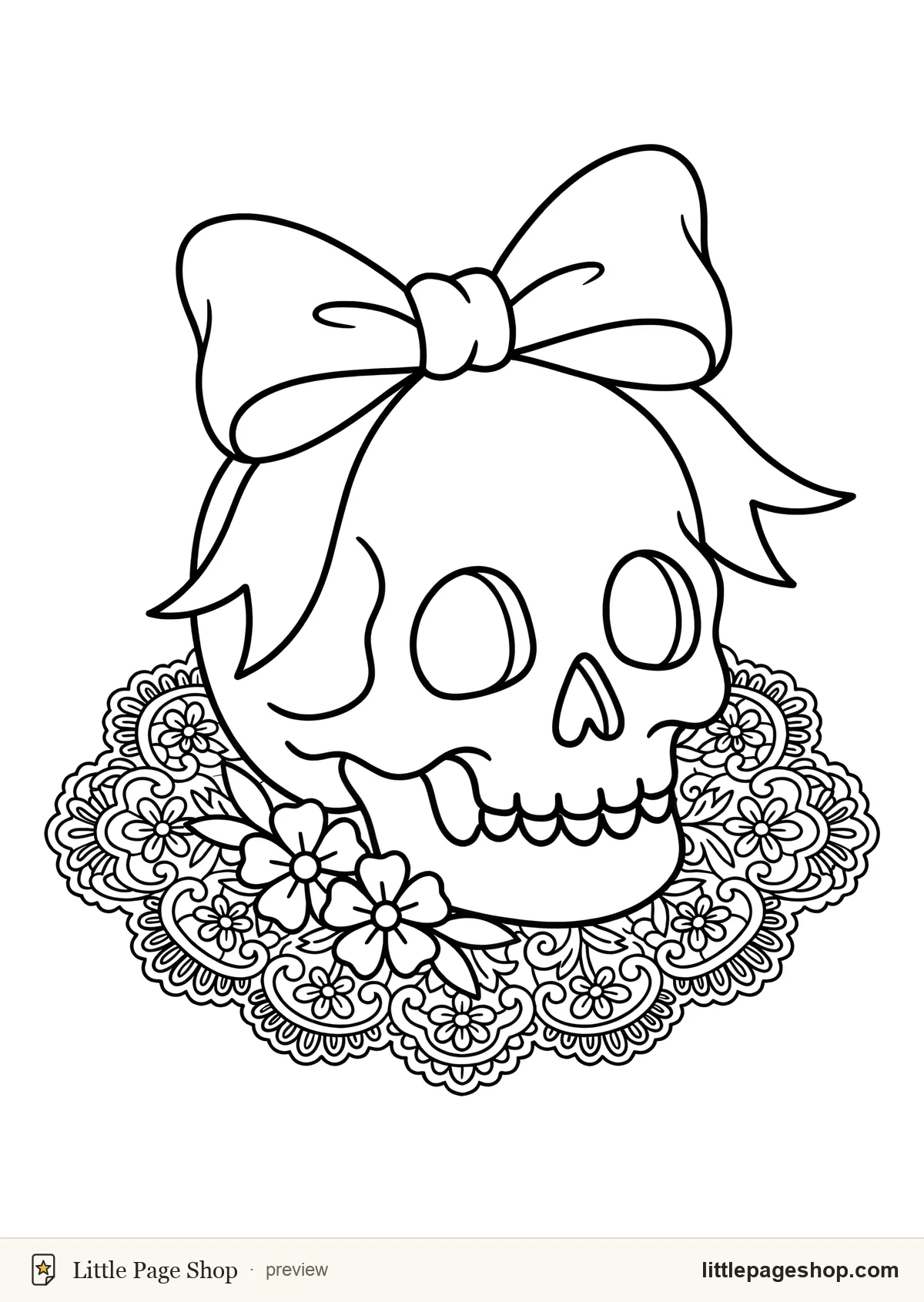 Pastel goth coloring page of a smiling skull wearing a large satin bow on a lace doily