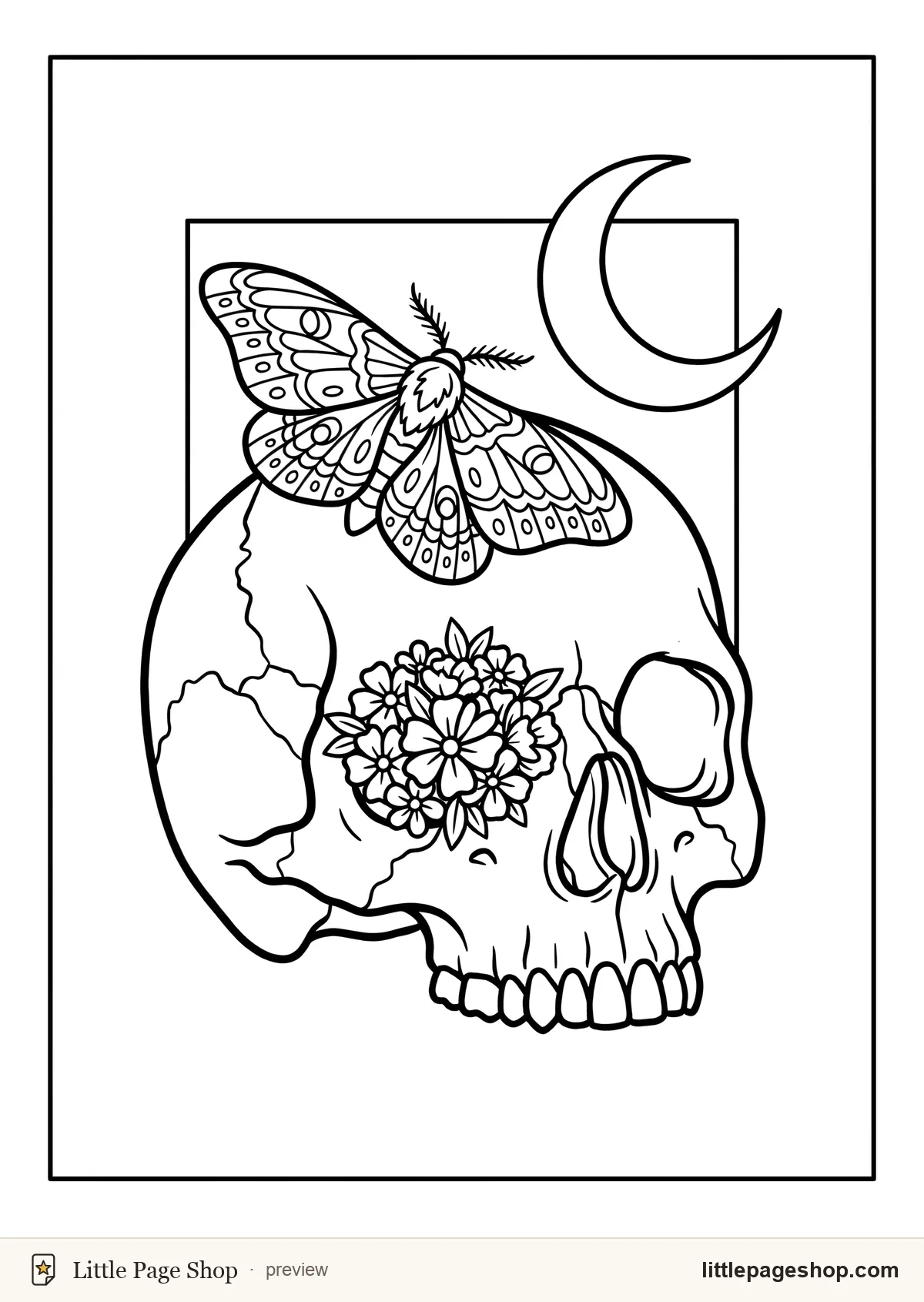 Sugar & Fangs — coloring page 26: A rounded skull with a moth resting on its crown and small flowers filling one eye socket