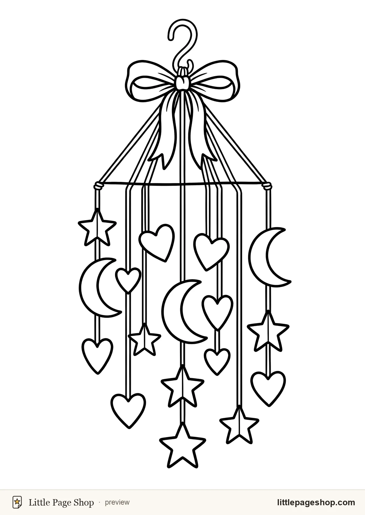 Sugar & Fangs — coloring page 31: A hanging mobile of moons, stars and hearts on threads of different lengths
