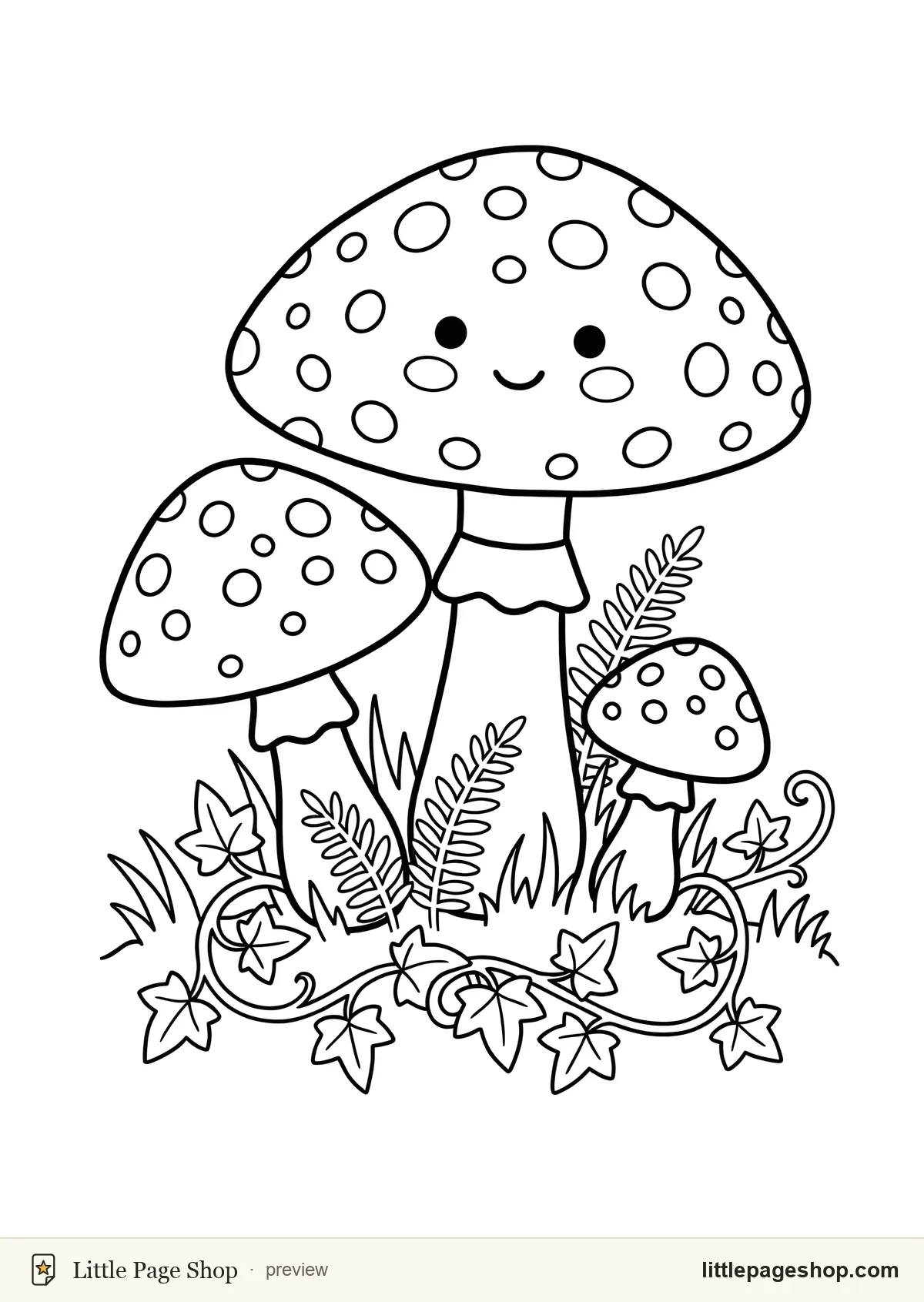 Sugar & Fangs — coloring page 36: A cluster of three toadstools with a face on the largest cap