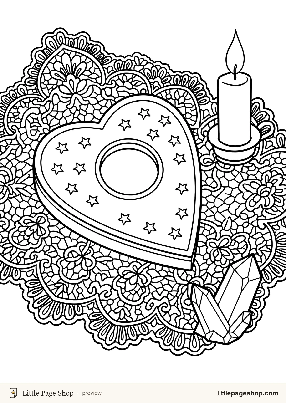 Sugar & Fangs — coloring page 41: A heart-shaped planchette with a round window and small star engravings resting on a lace cloth