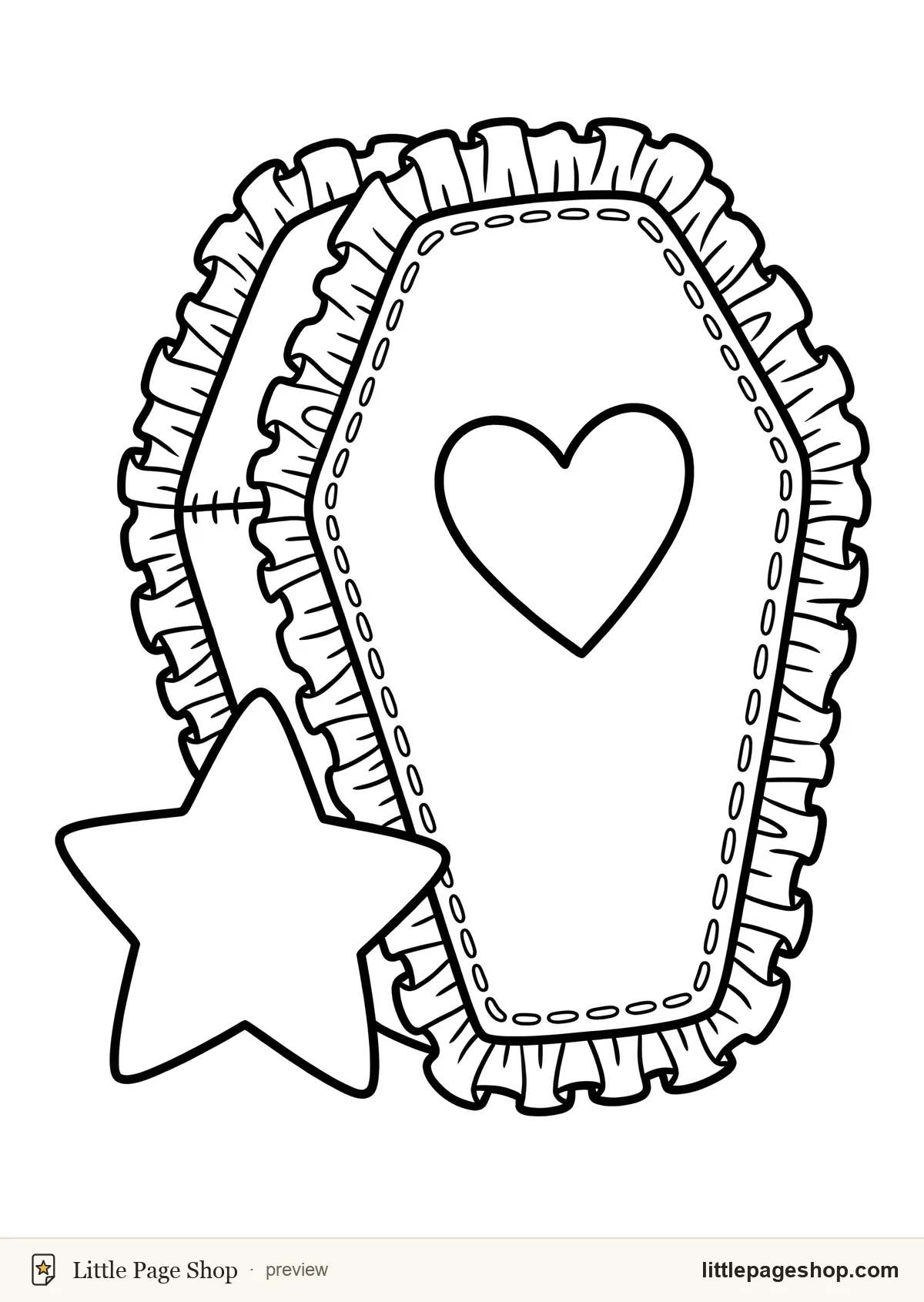 Sugar & Fangs — coloring page 46: A coffin-shaped plush cushion with a ruffled trim and a heart appliqué at the centre