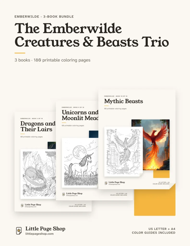 The Emberwilde Creatures & Beasts Trio — printable coloring book bundle
