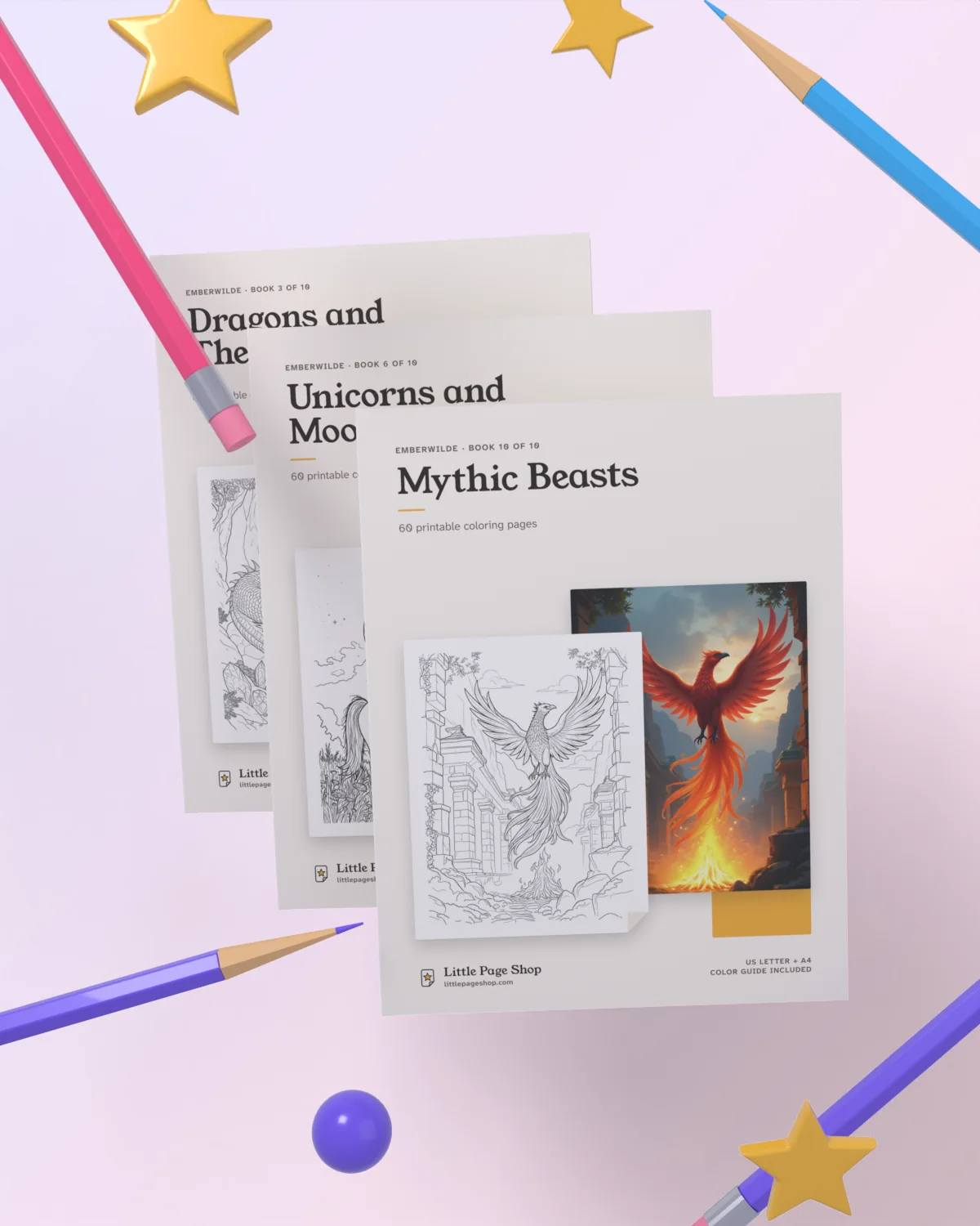 The Emberwilde Creatures & Beasts Trio — 3D view with colored pencils