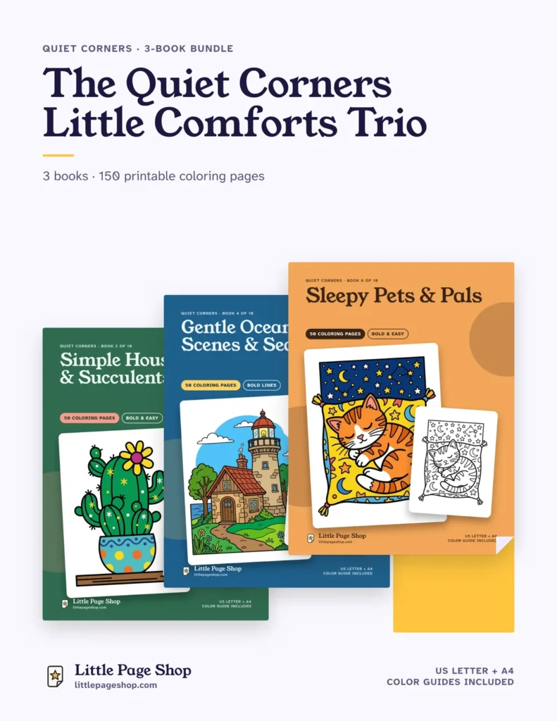 The Quiet Corners Little Comforts Trio — printable coloring book bundle