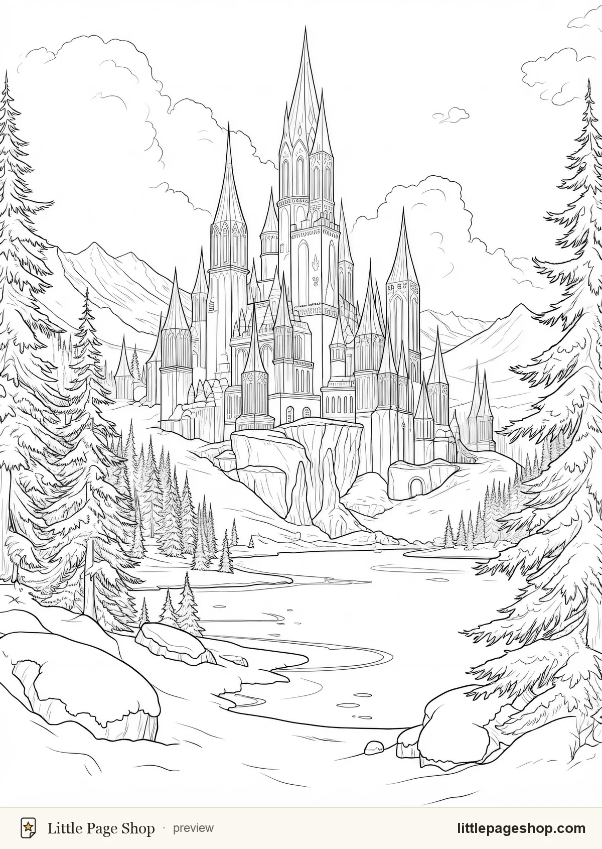 The Winter Wilds — coloring page 1: An ice palace rising from a frozen lake