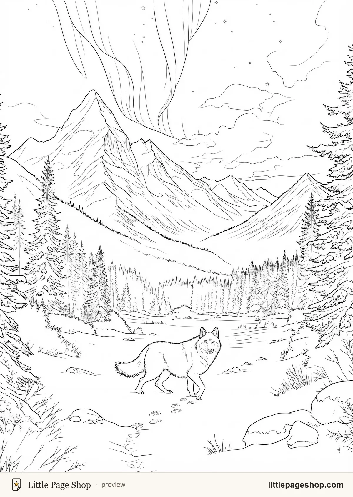 The Winter Wilds — coloring page 7: A white wolf crossing an open snowfield