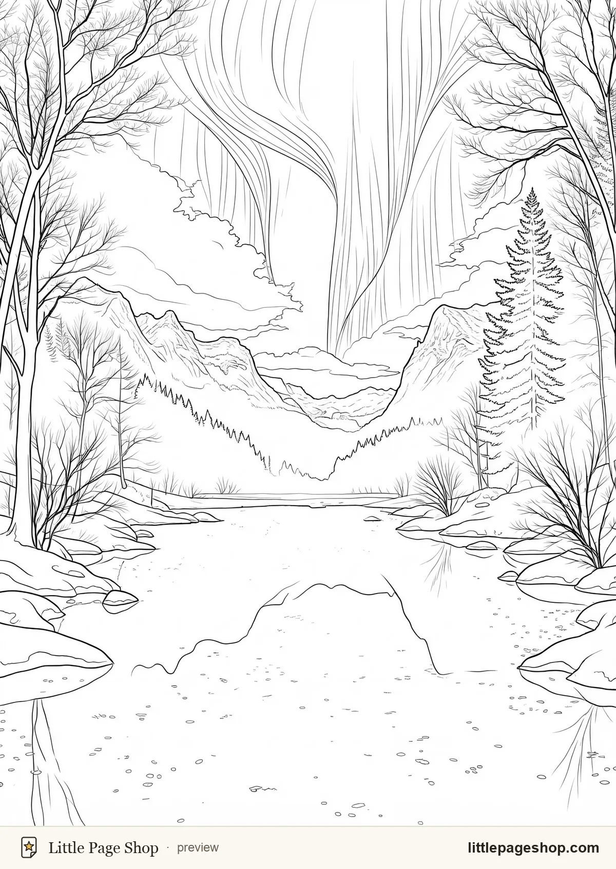 The Winter Wilds — coloring page 31: An aurora reflected in a still black tarn