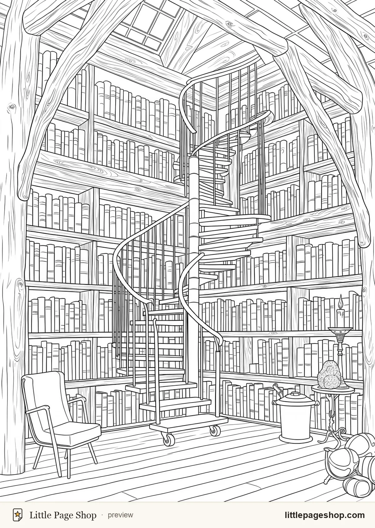 Coloring page of a spell library rising three storeys around a spiral stair