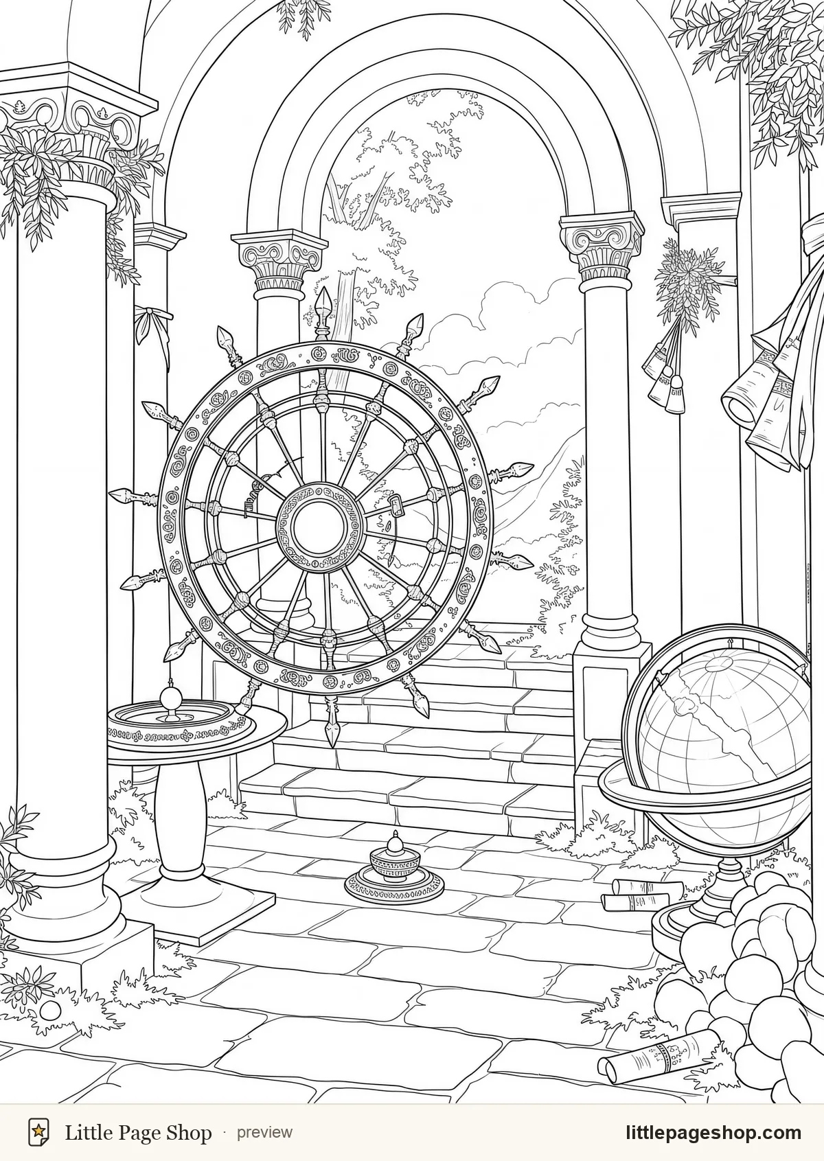 The Wizard's Tower — coloring page 7: A brass orrery turning slowly in an upper chamber
