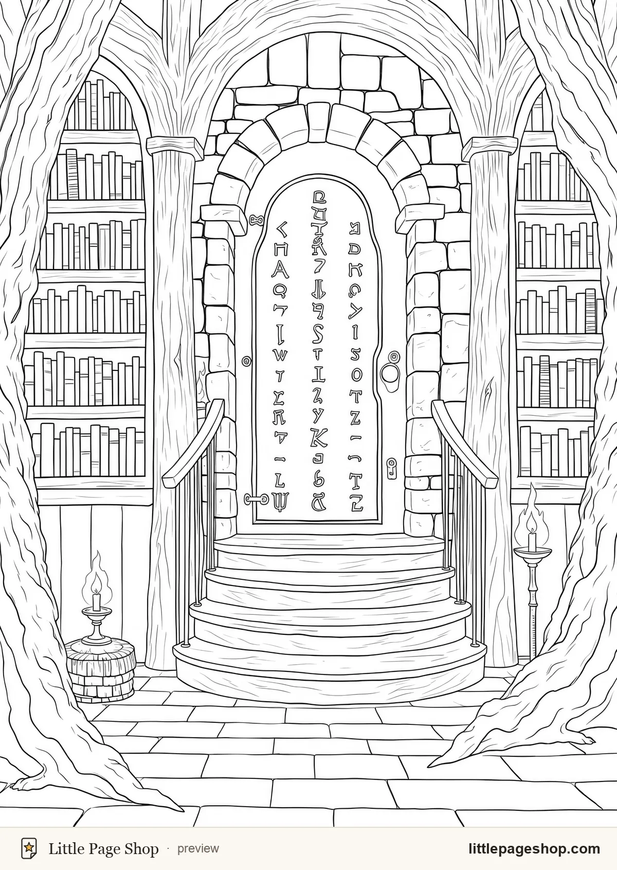 The Wizard's Tower — coloring page 13: A rune-carved door at the top of the tower stair